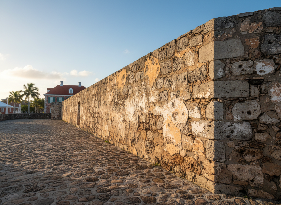 A meticulously preserved 18th-century Caribbean fortification wall built of weathered coral stone blocks and mortar, its surface textured with patches of limewash and traces of faded ochre paint. The wall stretches diagonally across a cobbled courtyard in Christiansted under clear tropical skies. Late afternoon golden sunlight rakes across the masonry, emphasizing every crack and chisel mark, casting long, crisp shadows onto the ground. Palm fronds and red-roofed colonial buildings appear softly blurred in the background. Photographed at eye level with a moderate depth of field, the composition follows the rule of thirds, creating a calm, scholarly mood. The style is clean photographic realism, visually emphasizing built heritage and the quiet endurance of historic architecture.
